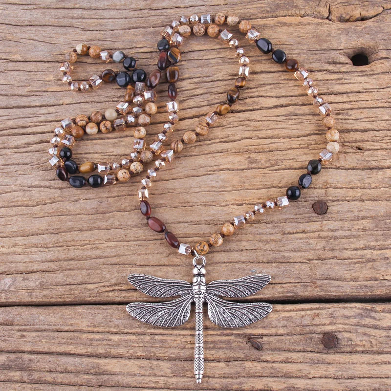 Fashion Bohemian Jewelry Accessory 6mm Stones/Crystal Knotted With Silv Metal Retro Dragonfly Pendant Necklaces Women Boho Gift