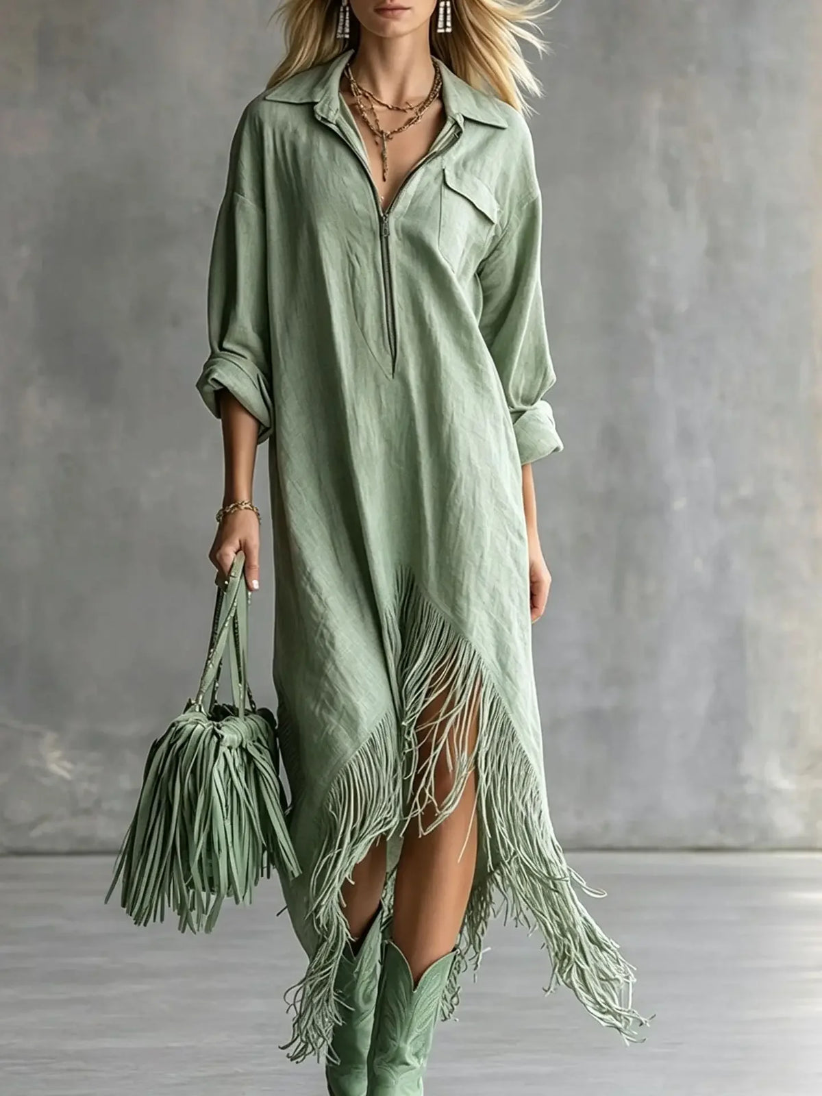 Fringe-Hem Half-Zip Shirt Dress