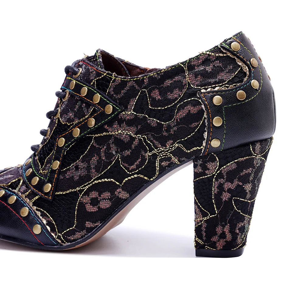Johnature Retro Rivet Genuine Leather High-Heel Pumps