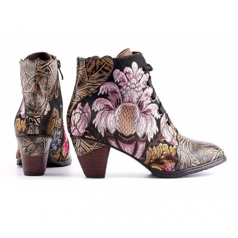 Johnature Genuine Leather Embroidery Cloth Boots, Hand-Embossed Round Toe Floral
