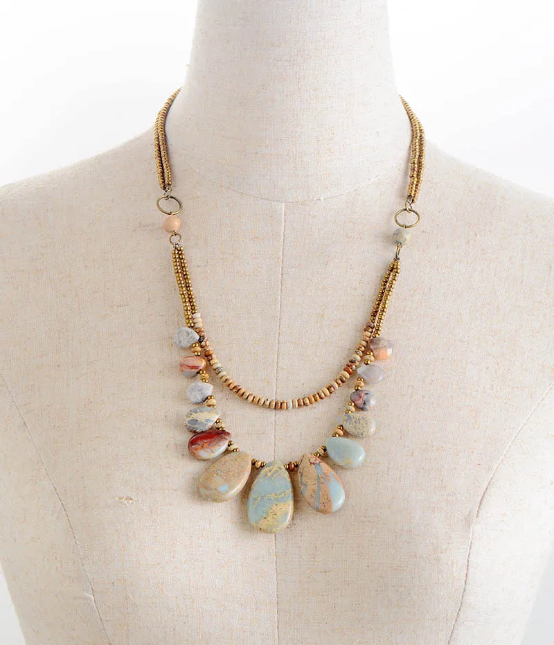 Teardrop Natural Stone Statement Layered Necklace, Natural Stone Boho Seed Bead Necklace