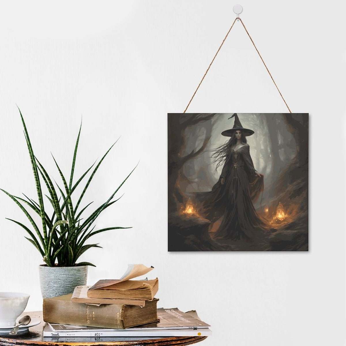 Vintage Witch Square Wood Wall Decor for Halloween Witchcraft Art Pagan Celebration Gift Idea for Mom Occult Decor Moon Goddess Wiccan Art