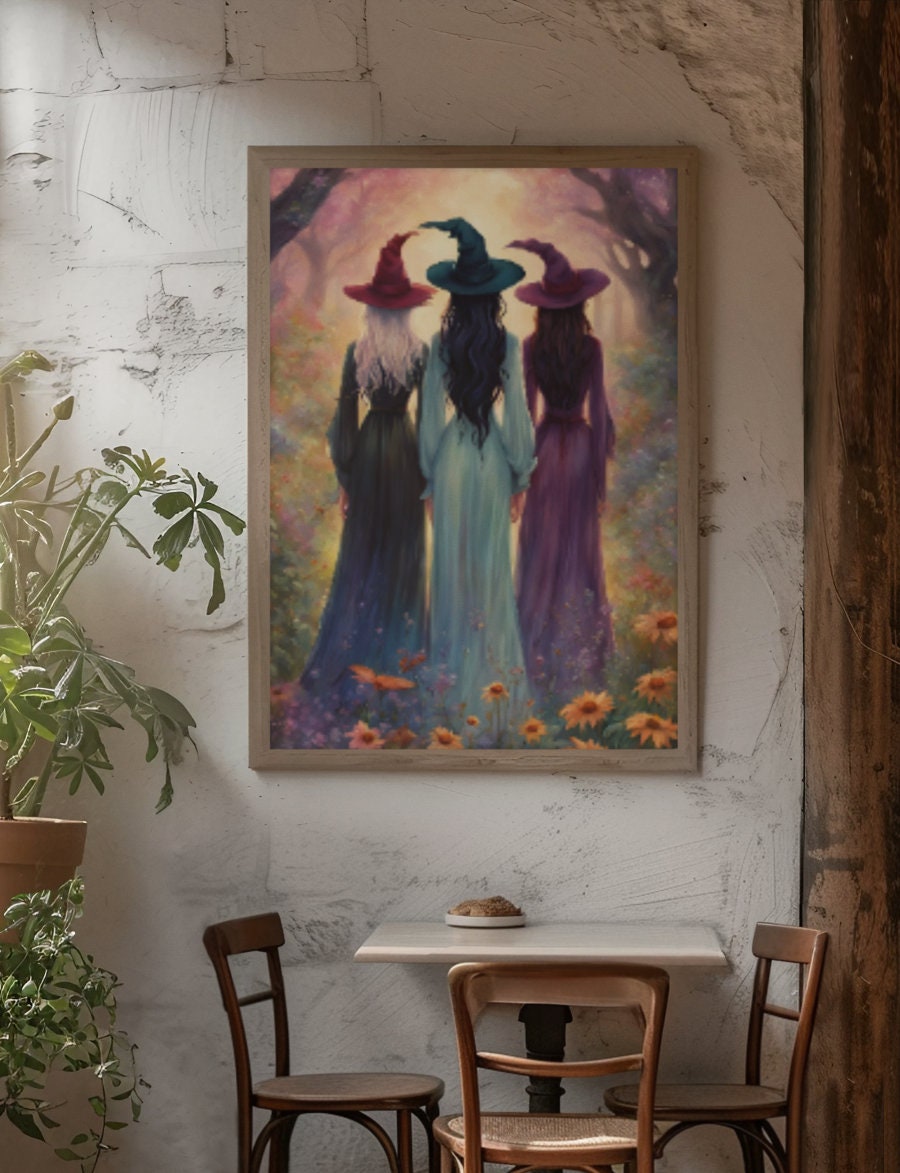 Gift for Bestie Three Witches Matte Canvas Enchanting Whimsigoth Cottagecore Witch Enchanting Halloween Vintage Wildflower Witches Coven Art