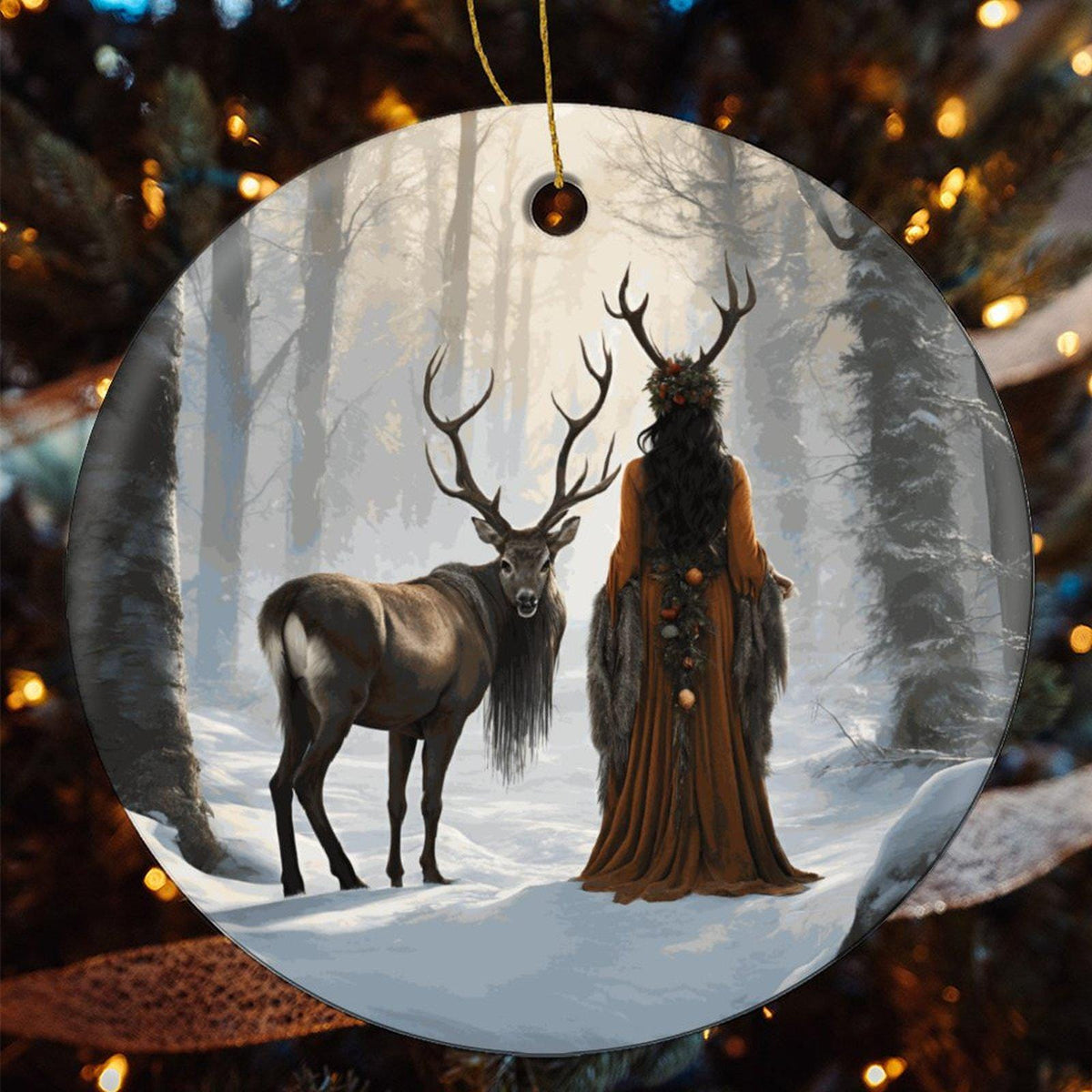 Elen of the Ways Yule Witch Ceramic Ornament Pagan Winter Solstice Green Witchery Wiccan Holiday Festive Decor Nature Inspired Christmas