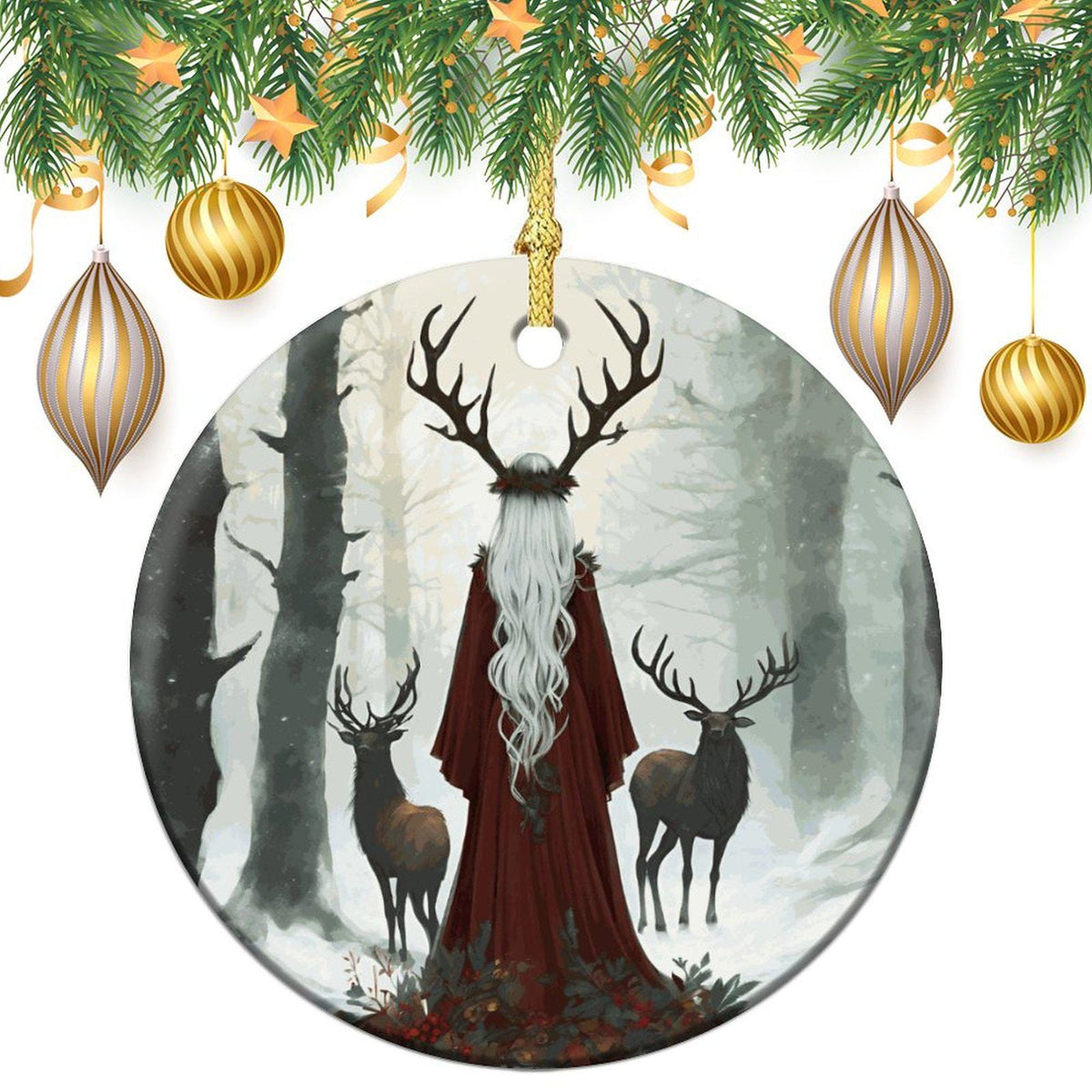 Elen of the Ways Yule Witch Gift Idea for Winter Solstice Yuletide Holiday Christmas Ceramic Ornament for Pagan Witch Gift Green Witchery