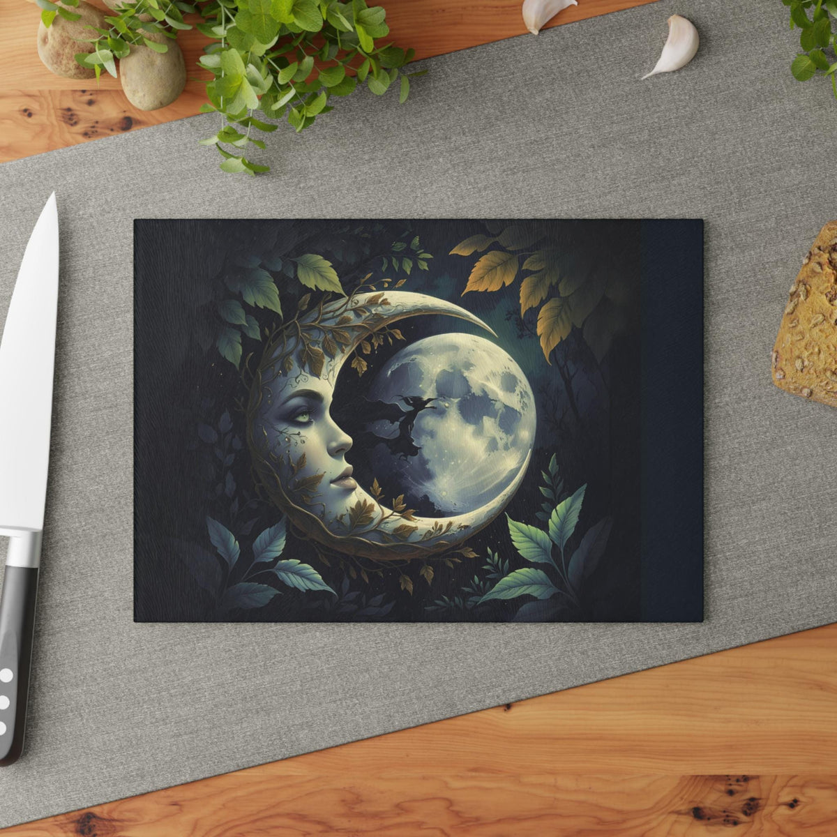 Holiday Fall Host Gift Kitchen Witch Mystic Decor Gift for Bestie Dark Academia Home Accessory for Mom Moonface Moon Glass Cutting Board