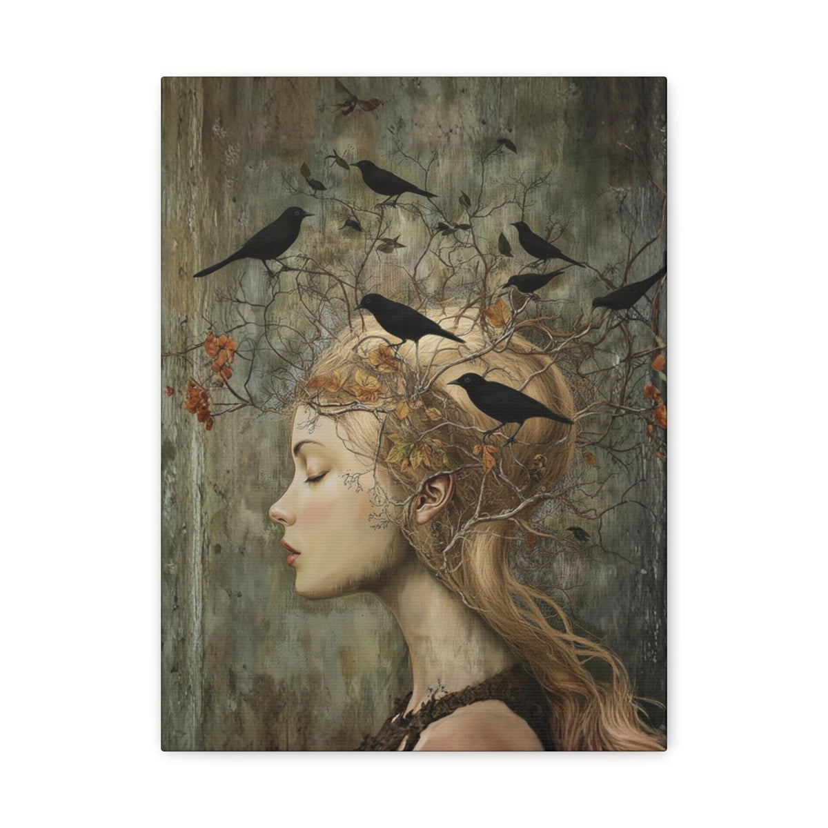 Witchy Wall Art Idea for Entryway Crow Woman Canvas Whimsical Raven Art Giftforher Gothic Wall Decor for Bedroom Pagan Mystical Feminine Art
