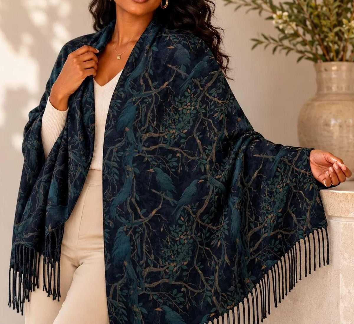 Victorian Inspired Edgar Allan Poe Dark Academia Crow Tassel Scarf William Morris Goth Shawl Wrap Witchy Clothing Gothic Raven Fall Fashion