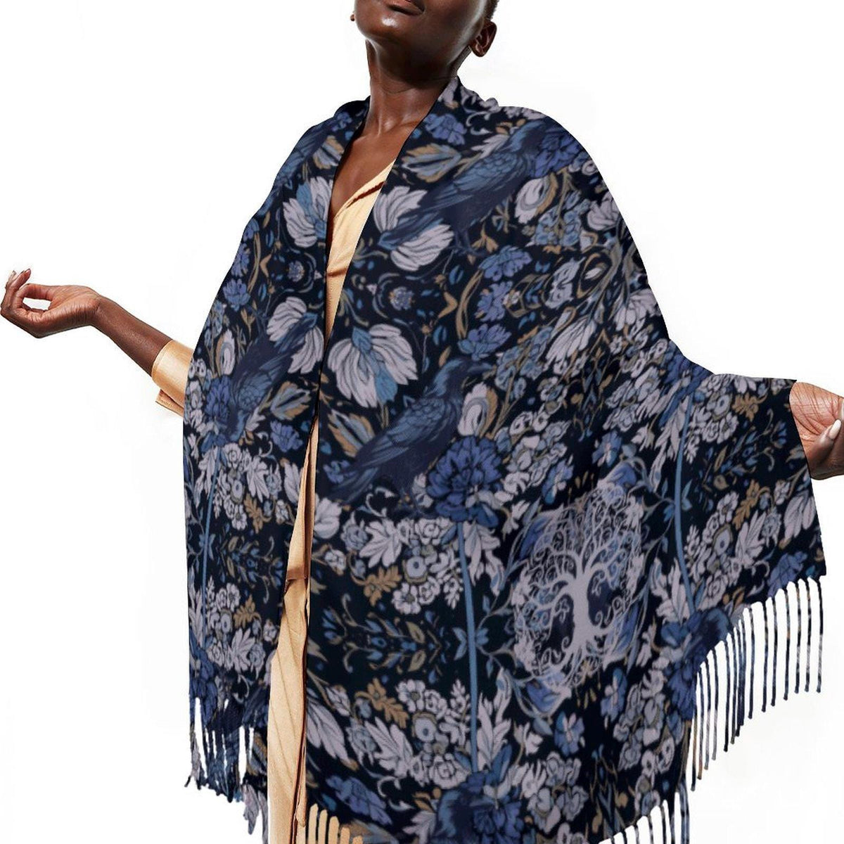 Whimsigoth Clothing Winter Scarf William Morris Inspired Crow Tassel Scarf Gothic Shawl Wrap Tree of Life Raven Wrap Witchy Murder of Crows