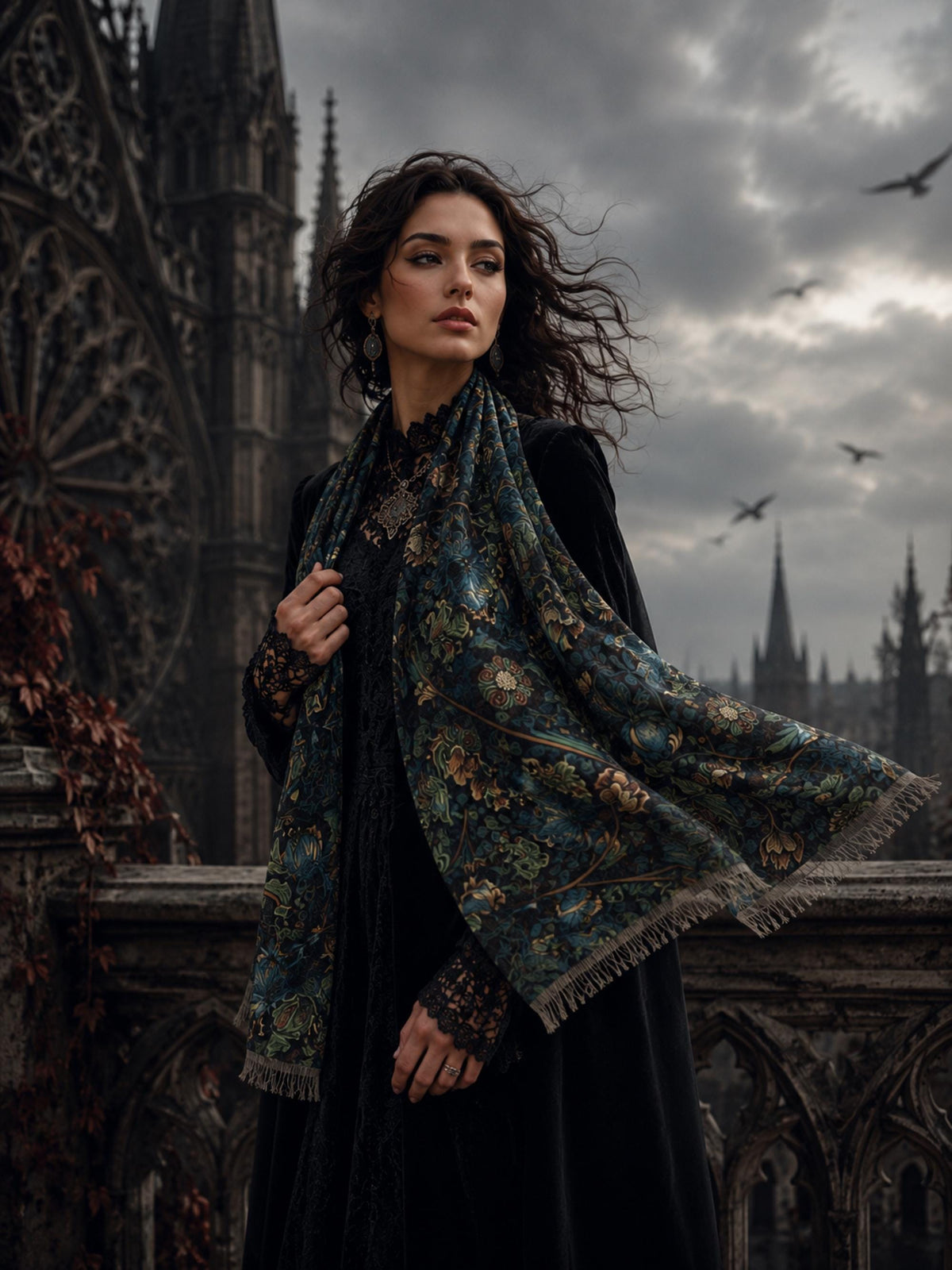 William Morris Inspired Witchy Owl Lightweight Scarf Gift for Witch Unique Neckwear Dark Academia Gothic Shawl Crow Lover Gift Raven Wrap