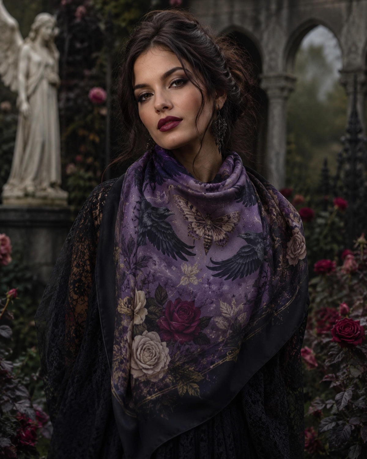 Dark Romance Altar Cloth for Gothic Halloween Party Rose & Crow Goth Scarf for Festive Holiday Magical Witch Square Holiday Gift for Mom