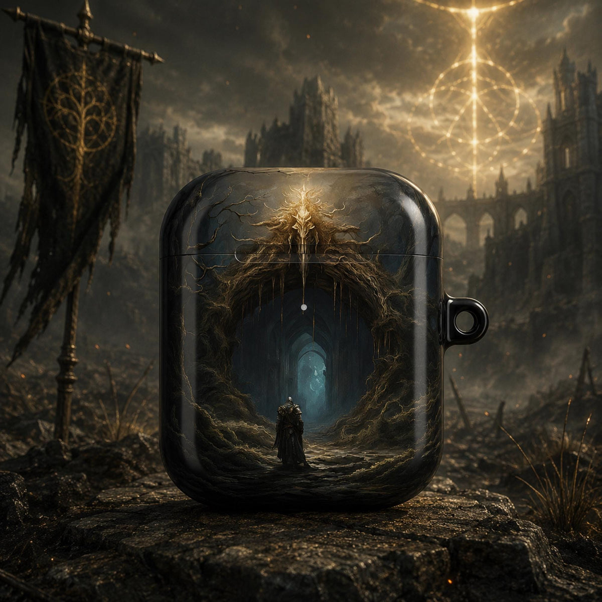 Elden Ring AirPod Case Fantasy Art Earbud Holder for Gamer Fantasy Art Magical Scene Earbud Holder Gift for Gamer Dragonborn Geeky Accessory