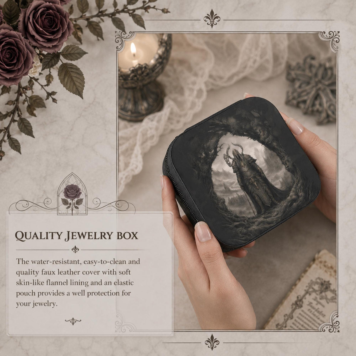 Hands holding a black warrior-print jewelry box with a graphic describing its faux leather cover and soft lining.