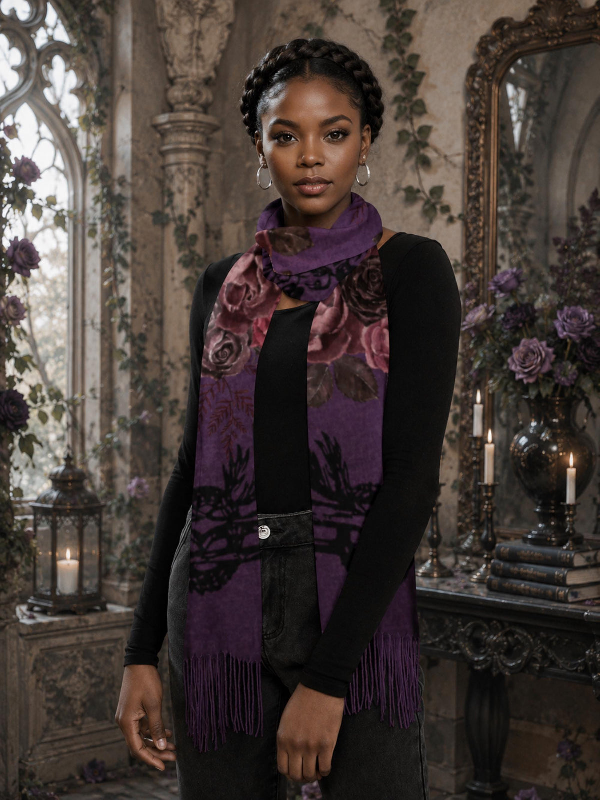 Dark Romance Gothic Gift for Holiday Winter Scarf Gift for Mom Witchy Shawl for Pagan Festival Romantic Victorian Soft Habotai Pashmina Wrap