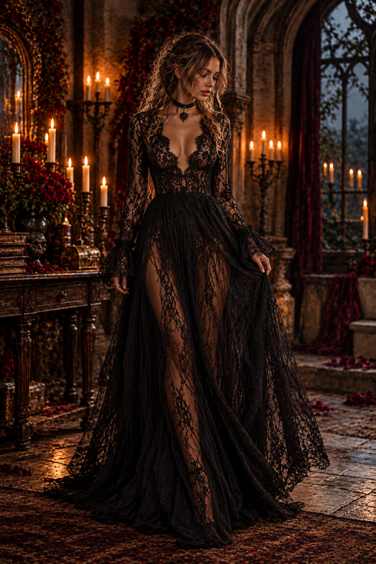 Black Lace & Mesh V-Neck Maxi Dress