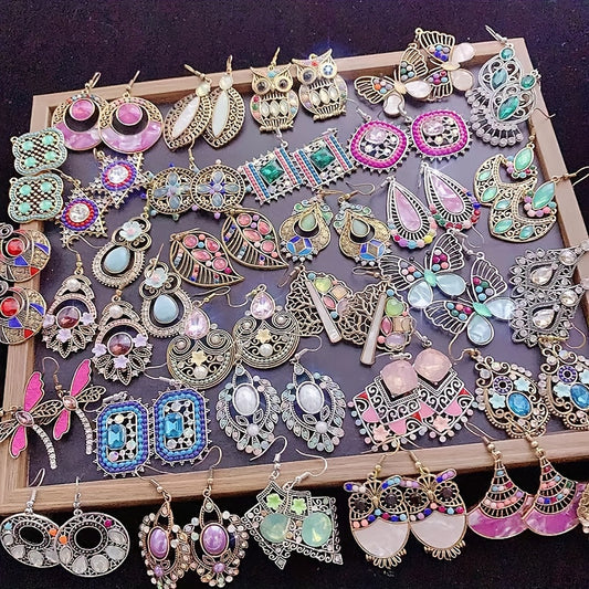 20 Pairs/Pack Vintage Gemstone Inlaid Alloy Boho Earrings