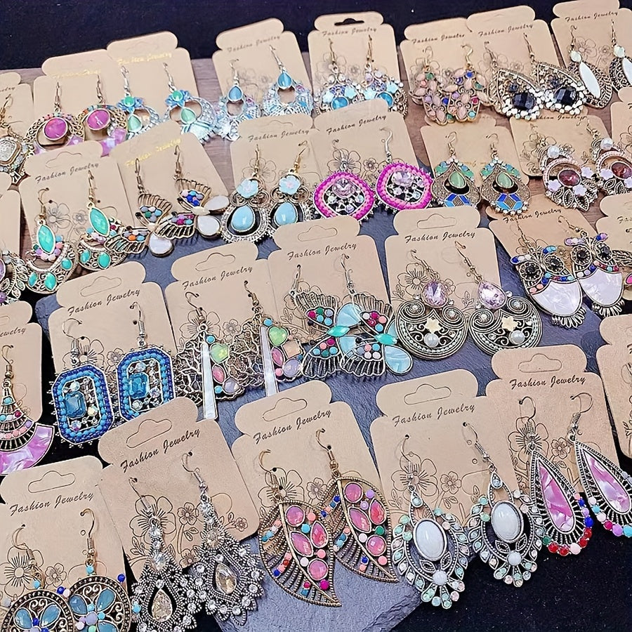 20 Pairs/Pack Vintage Gemstone Inlaid Alloy Boho Earrings