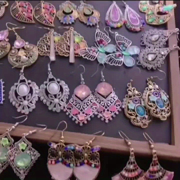 20 Pairs/Pack Vintage Gemstone Inlaid Alloy Boho Earrings