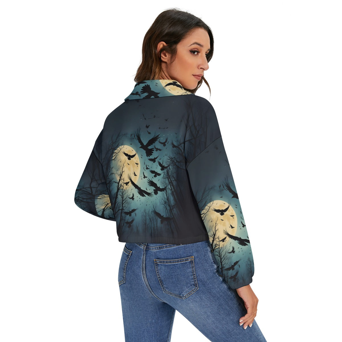 Moonlit Raven Women’s Zip Jacket – Gothic Crow & Full Moon French Terry Bomber