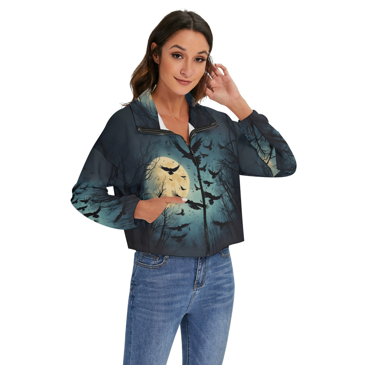 Moonlit Raven Women’s Zip Jacket – Gothic Crow & Full Moon French Terry Bomber