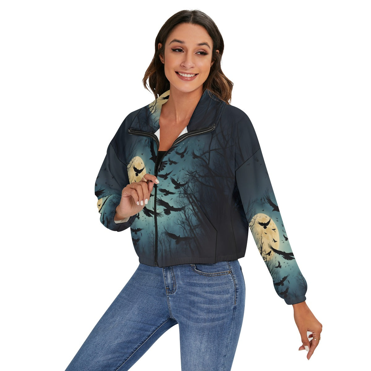 Moonlit Raven Women’s Zip Jacket – Gothic Crow & Full Moon French Terry Bomber