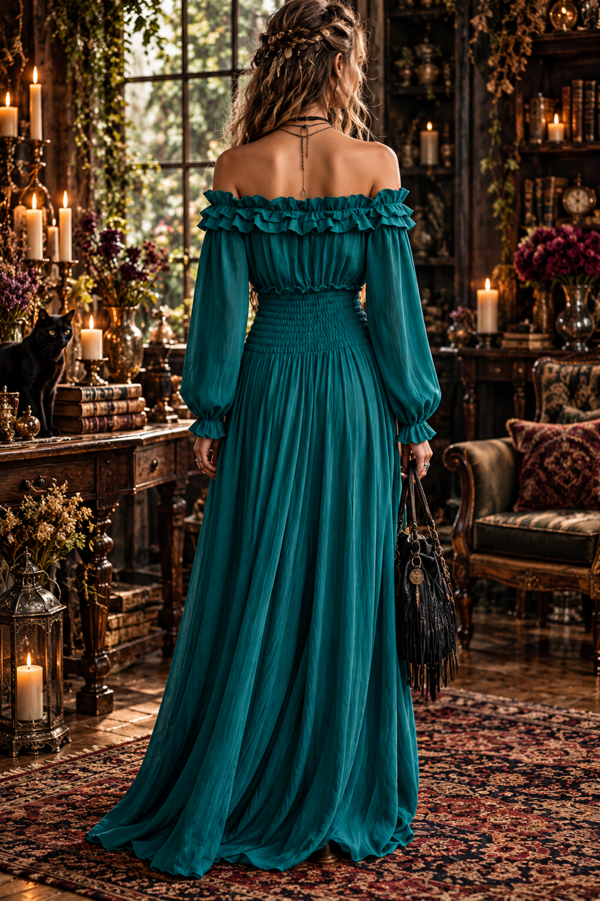 Off-Shoulder Ruffle Maxi Dress with Lantern Sleeves