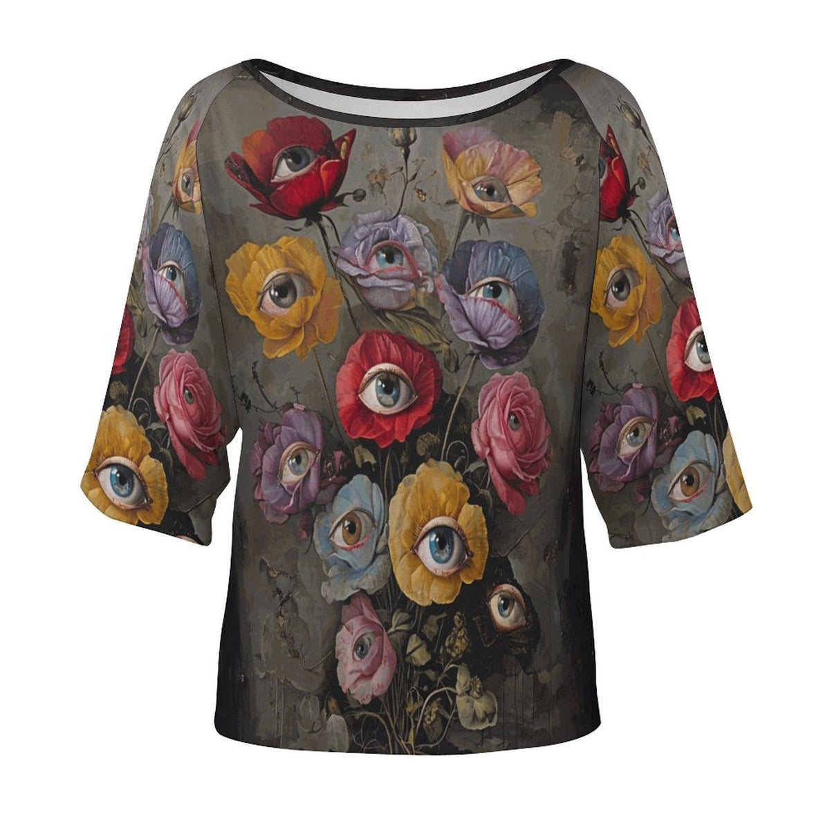 Floral Eyes Off the Shoulder Half-Sleeve T-shirt - Gothic Clothing