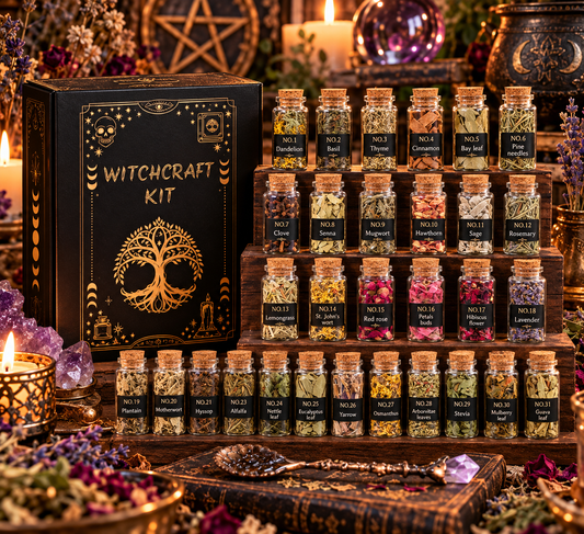 Witchcraft Herb Kit – 31 Dried Herbs in Glass Bottles with Black & Gold Altar Box