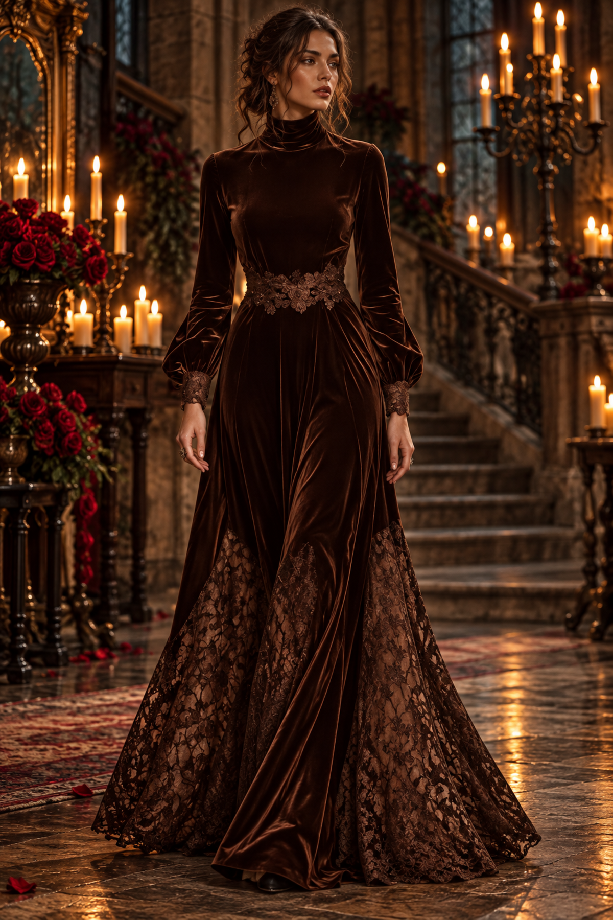 High-Neck Lace Maxi Dress with Long Sleeves