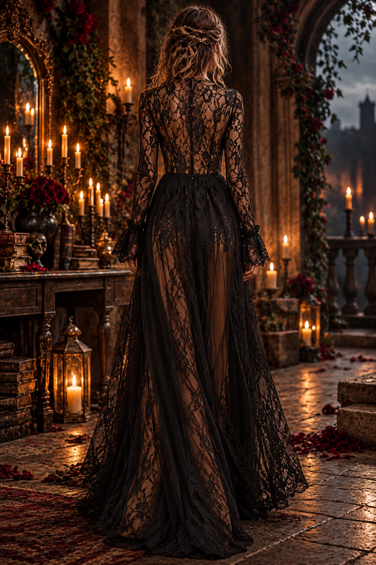 Black Lace & Mesh V-Neck Maxi Dress