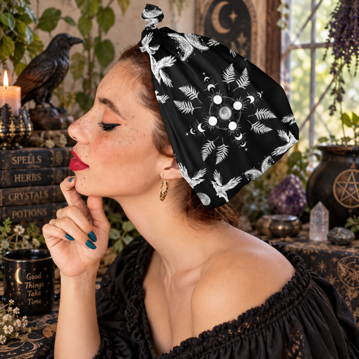 Moonphase Raven Bandana Gothic Head Scarf, Witchy Neck Warmer