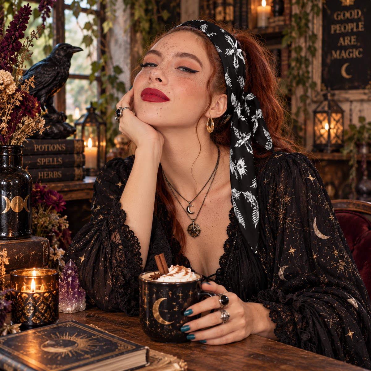 Moonphase Raven Bandana Gothic Head Scarf, Witchy Neck Warmer