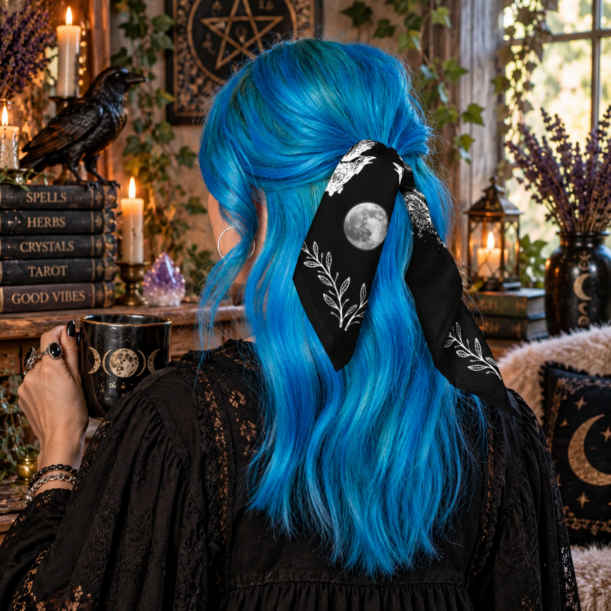 Moonphase Raven Bandana Gothic Head Scarf, Witchy Neck Warmer
