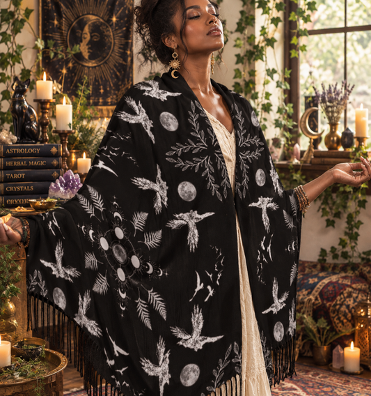 Crow Moonphase Tassel Scarf: Gothic Whimsigoth Clothing