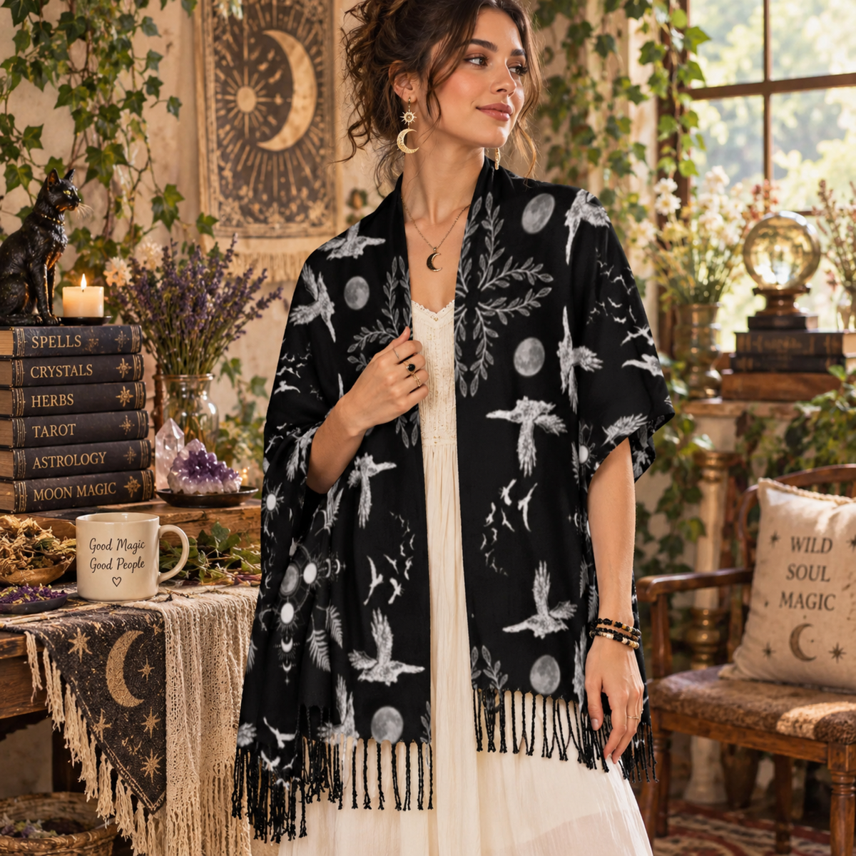 Crow Moonphase Tassel Scarf: Gothic Whimsigoth Clothing