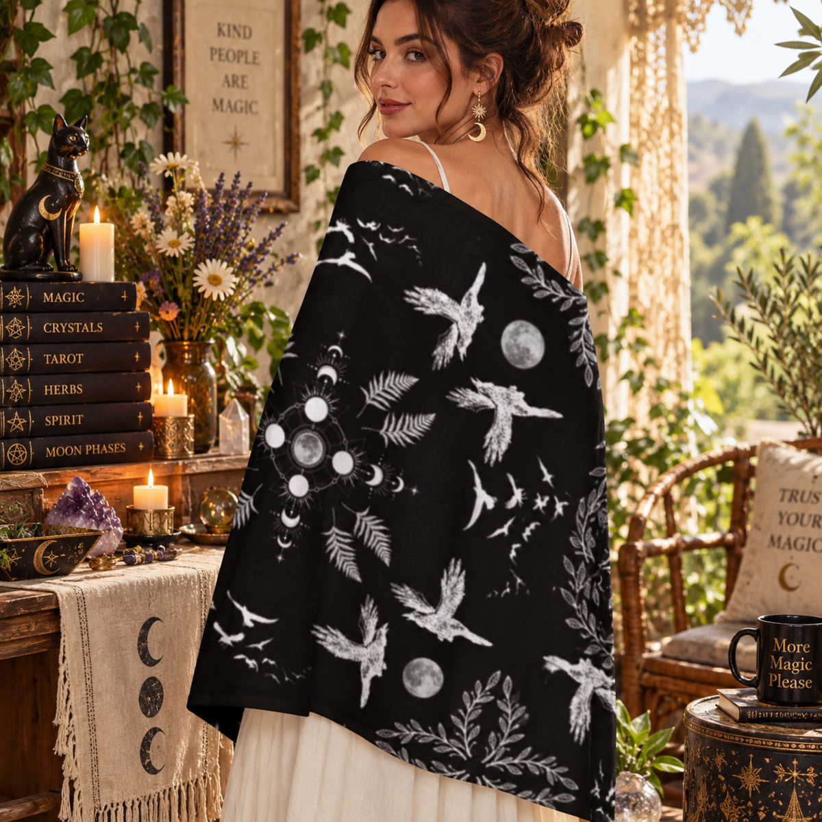 Crow Moonphase Tassel Scarf: Gothic Whimsigoth Clothing