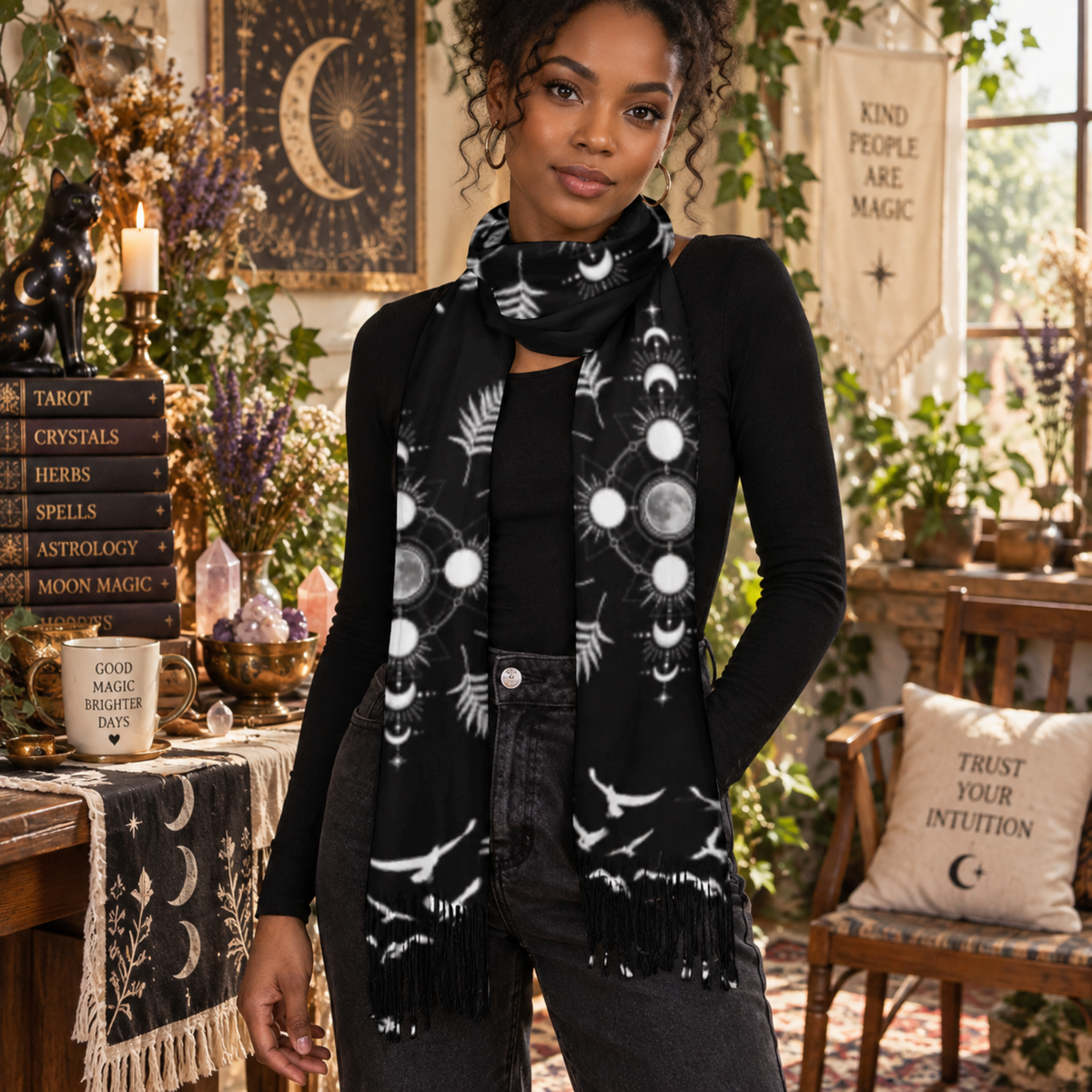 Crow Moonphase Tassel Scarf: Gothic Whimsigoth Clothing