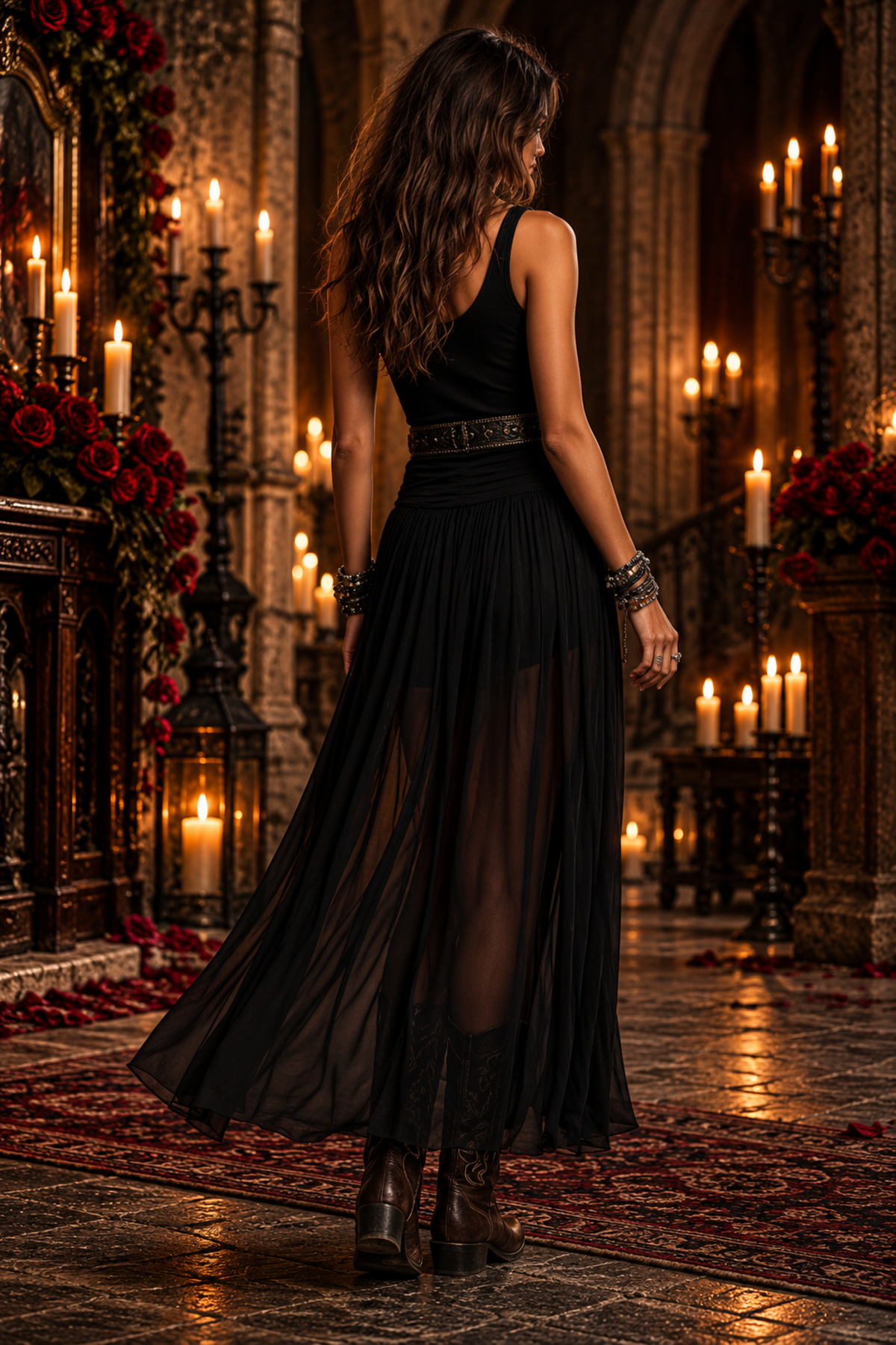 Black Sleeveless Maxi Dress with Sheer Mesh Skirt
