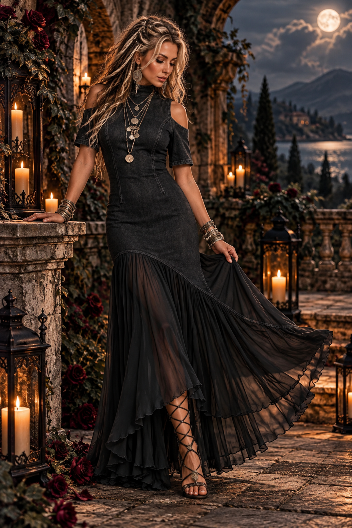 Denim-Look Cold-Shoulder Maxi Dress with Sheer Hem