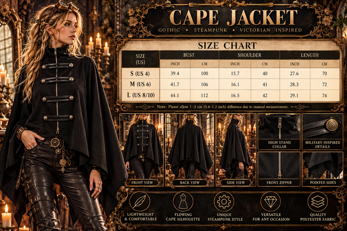 Black Military-Inspired Cape Jacket with Stand Collar
