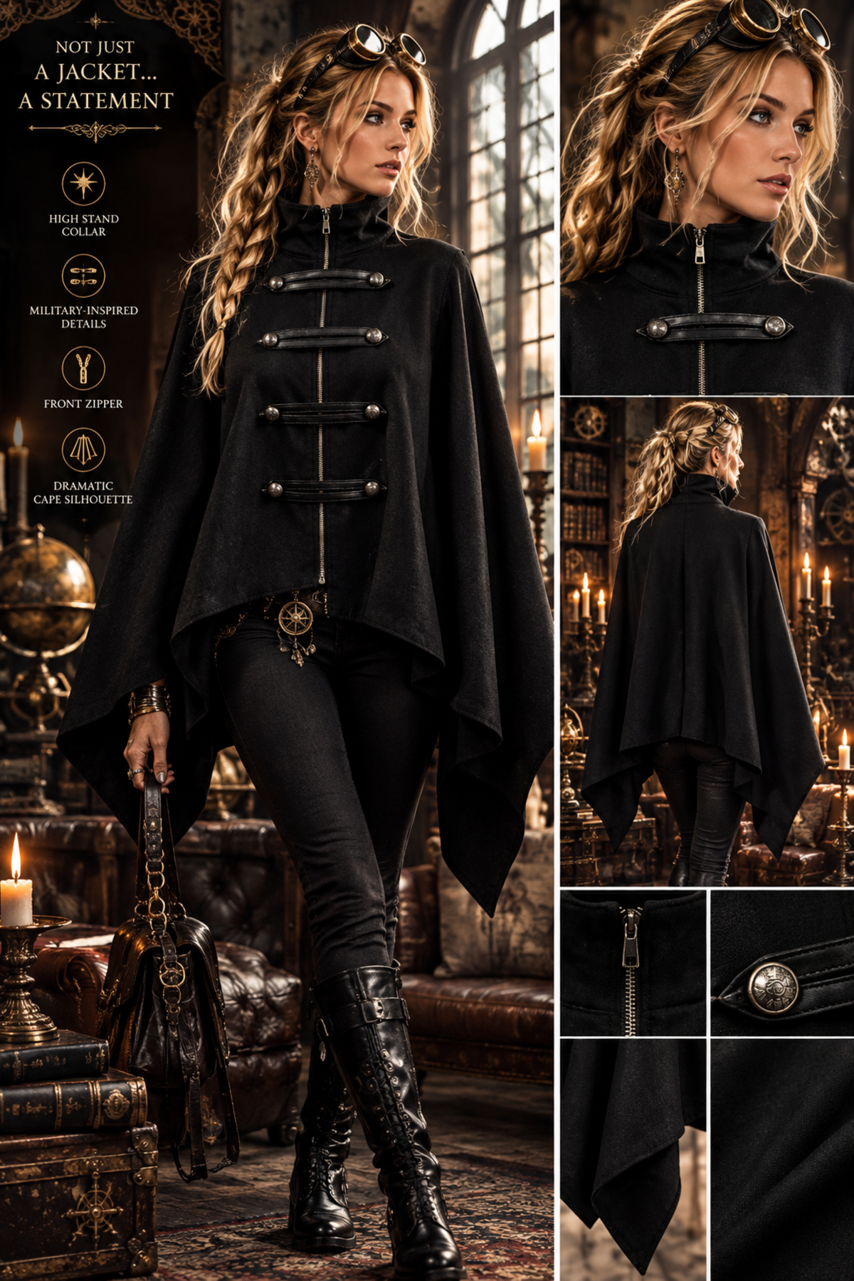 Black Military-Inspired Cape Jacket with Stand Collar