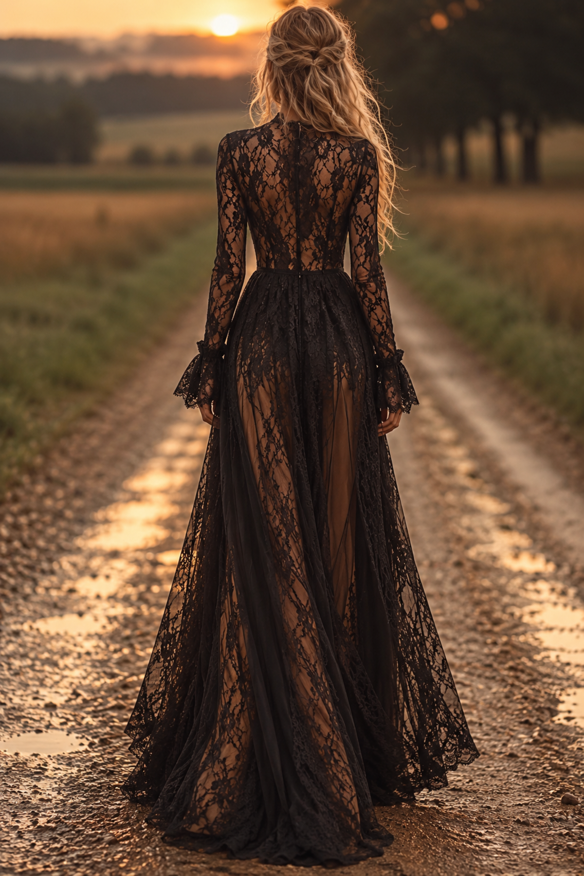 Black Lace & Mesh V-Neck Maxi Dress