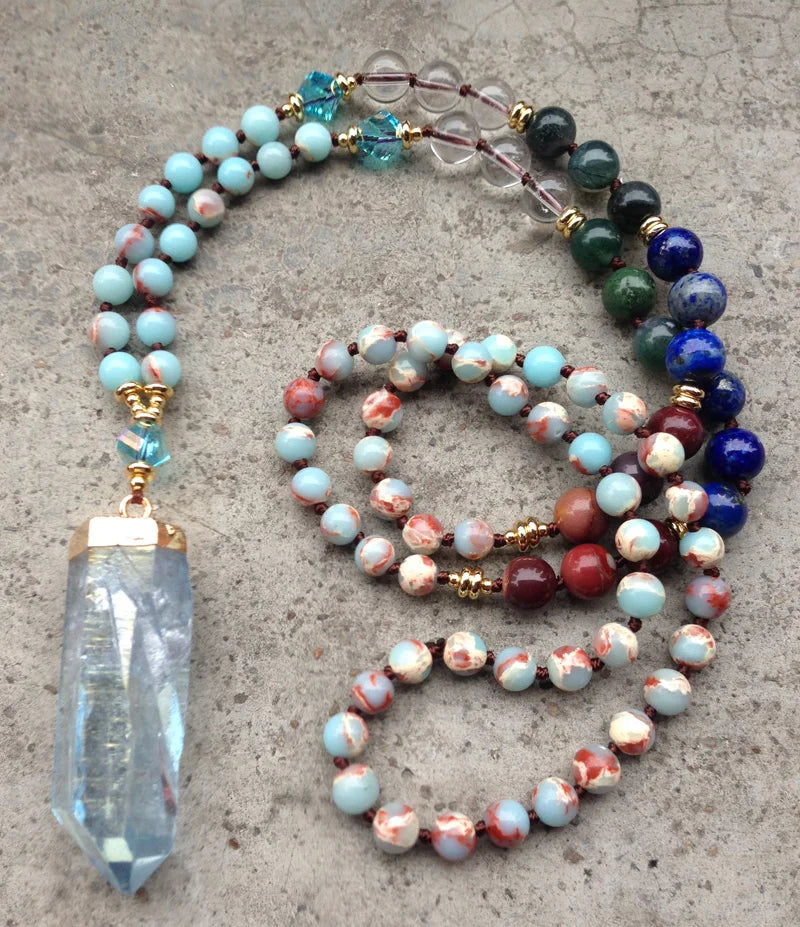 Bohemian Blue Quartz Point Beaded Pendant, Lapis Shoushan Stone Pendant Necklace