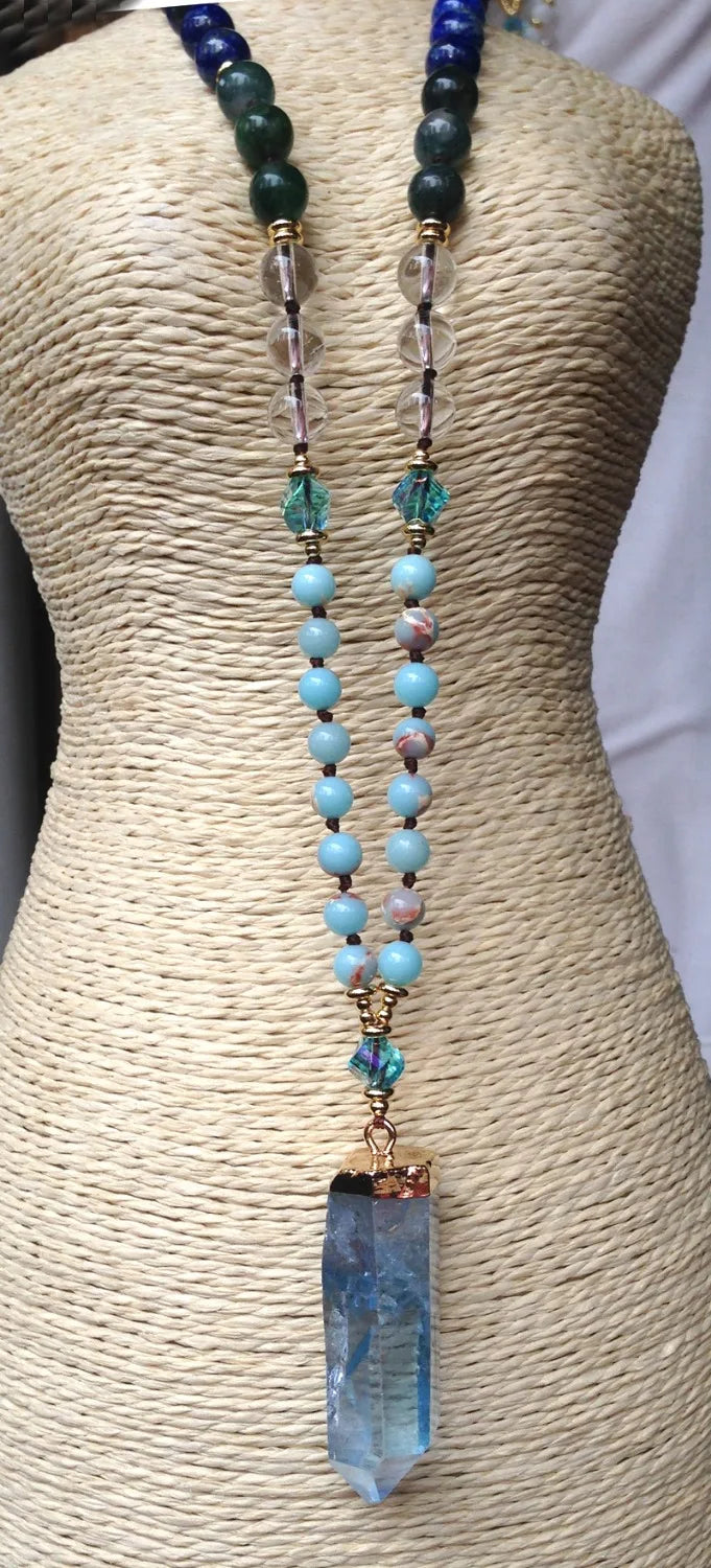 Bohemian Blue Quartz Point Beaded Pendant, Lapis Shoushan Stone Pendant Necklace