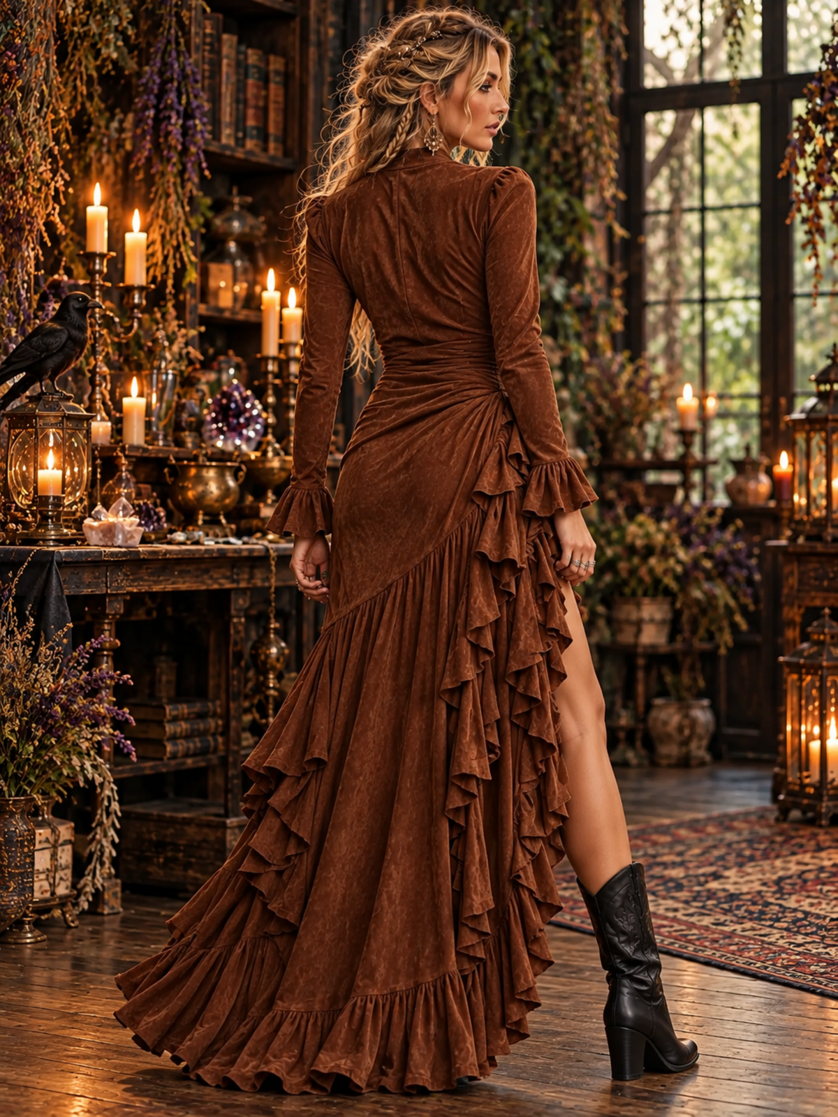 Velvet Wrap Maxi Dress Deep V Long Ruffle Sleeve