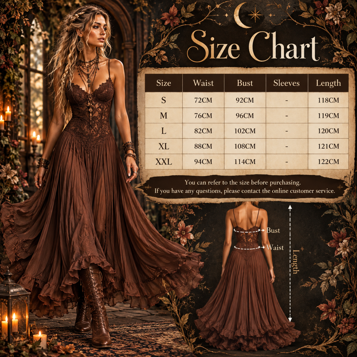 Women‘s Spaghetti Strap Lace Midi Boho Dress