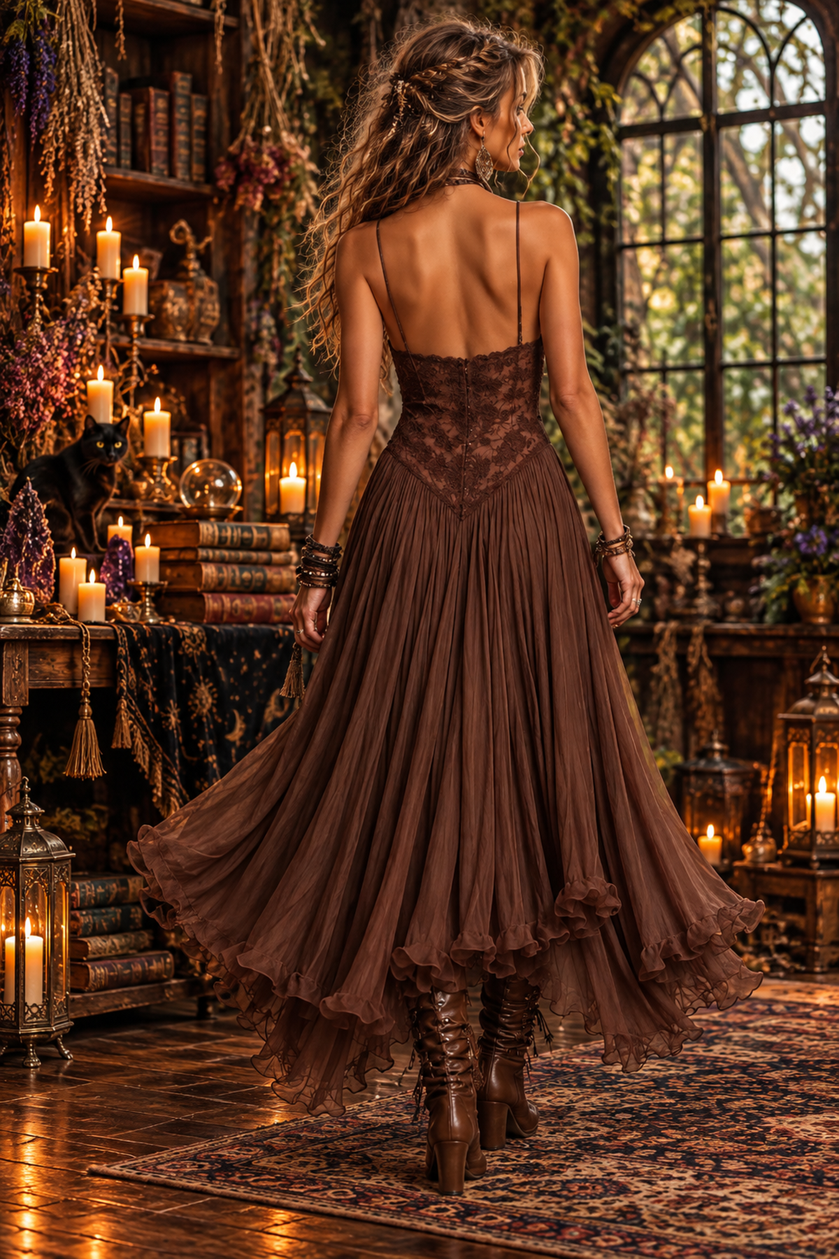 Women‘s Spaghetti Strap Lace Midi Boho Dress