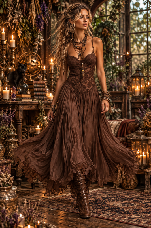 Women‘s Spaghetti Strap Lace Midi Boho Dress
