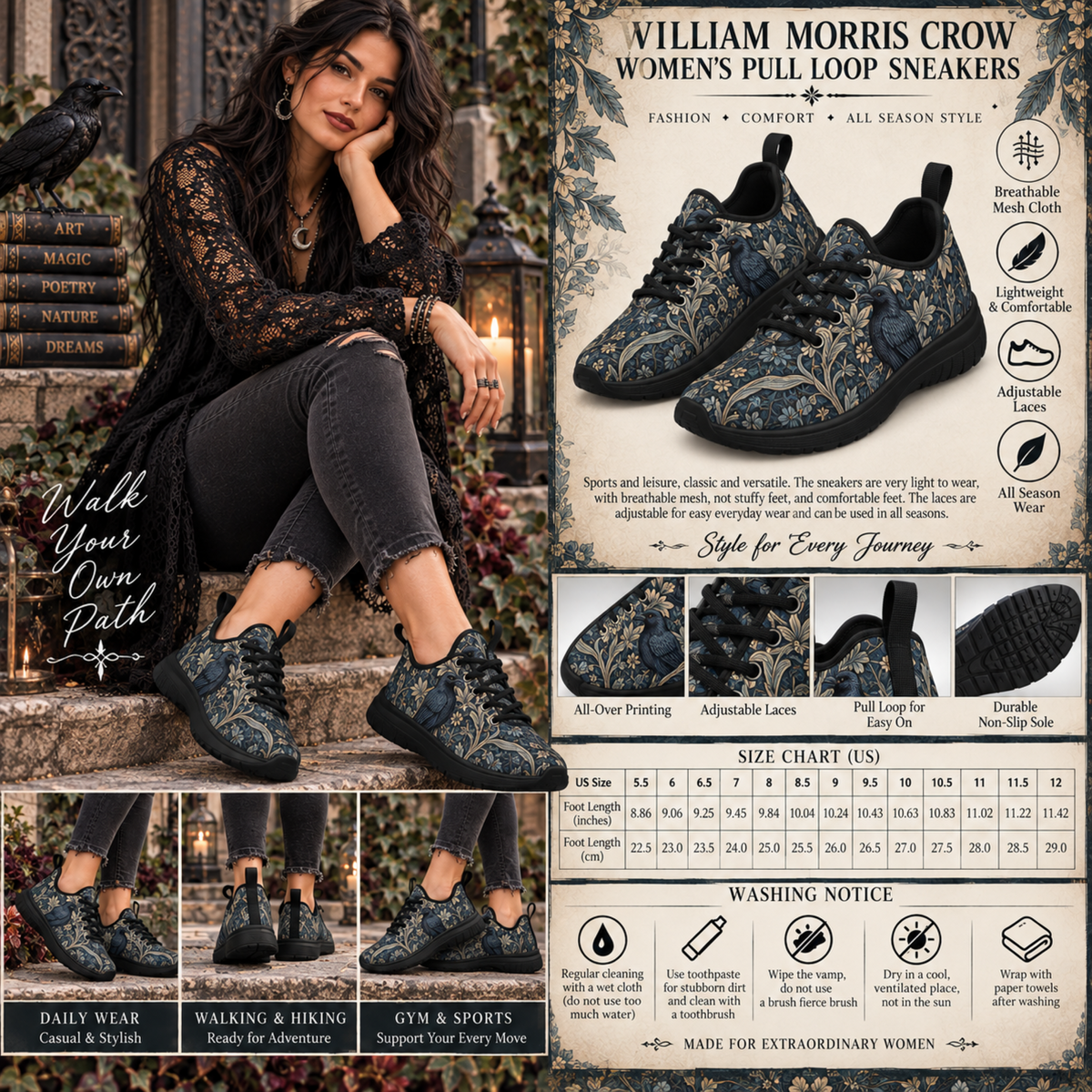 William Morris Inspired Crow Design Footwear