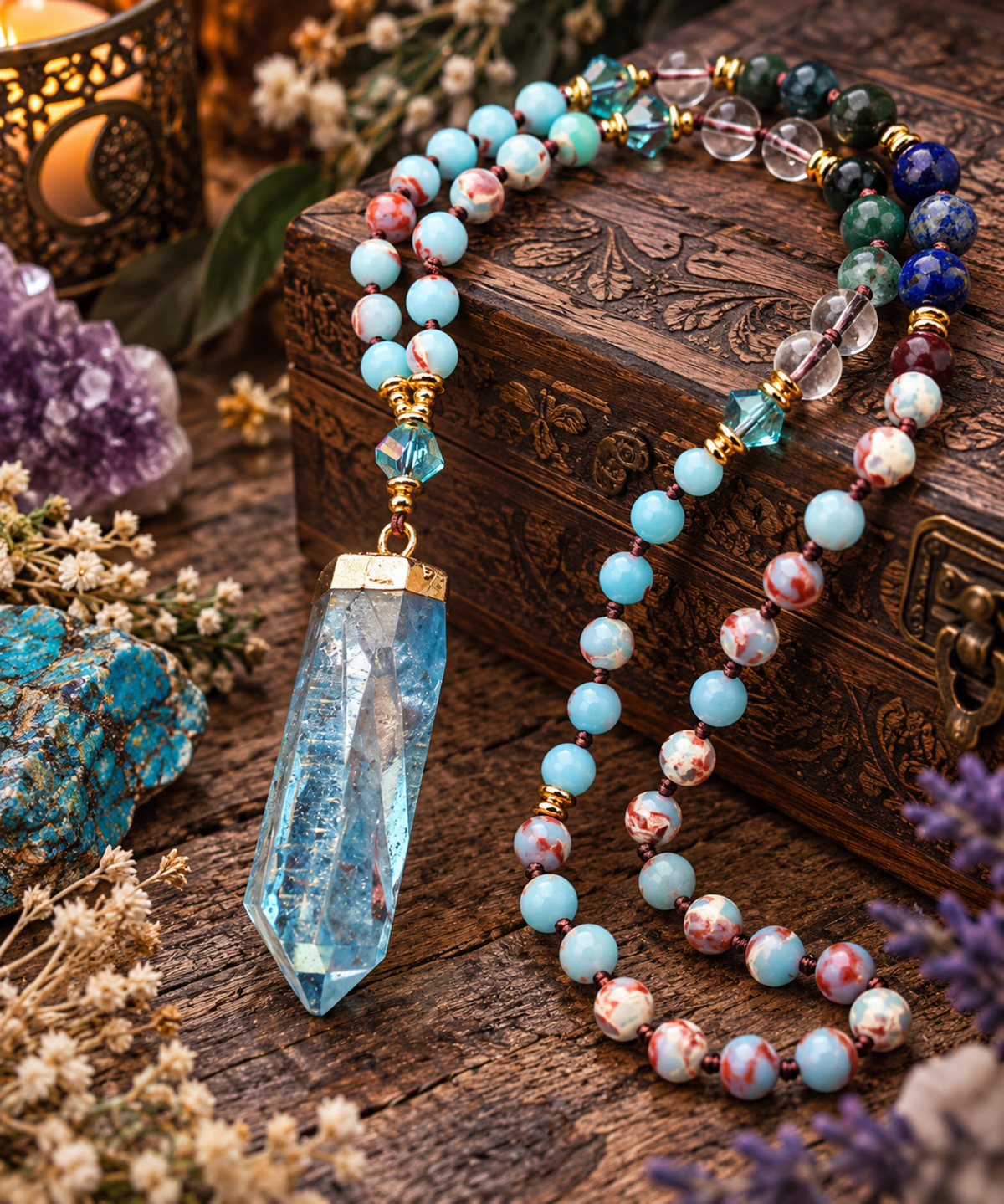 🔮 Bohemian Blue Quartz Crystal Point Beaded Necklace